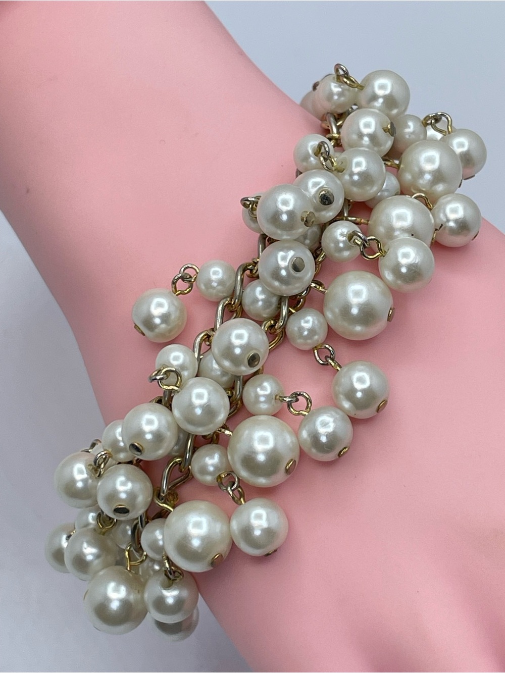 Faux Glass Pearl Cha Cha Bracelet Gold Vintage Glam Statement Bold